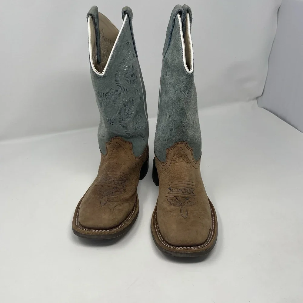 Old West Kids Leather Western Cowboy Boots Blue Suede Shaft Size 4.0 D BSY1944